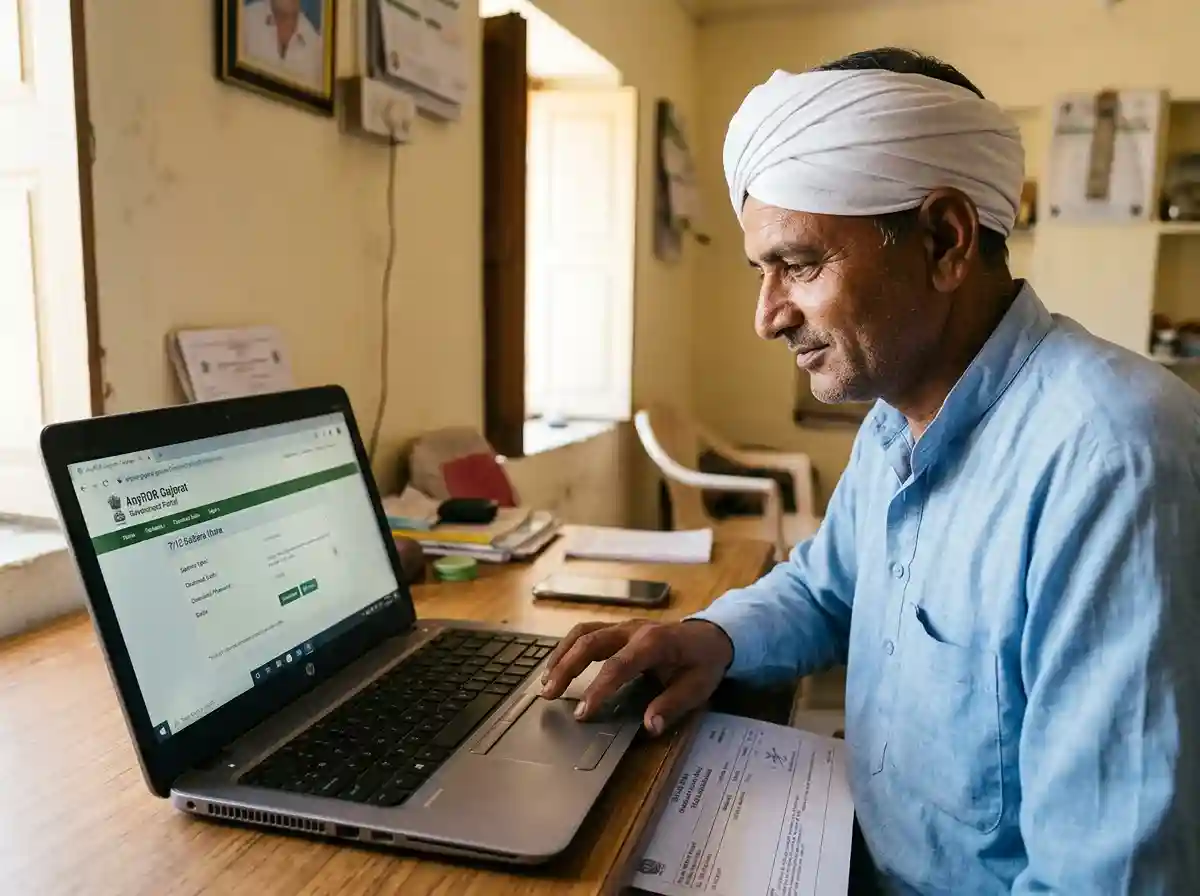 Farmer downloading 7/12 Satbara Utara Gujarat land record from AnyROR portal
