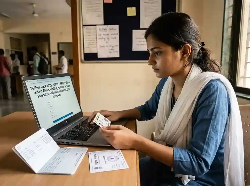 Student linking Aadhaar to bank account for Gujarat scholarship DBT payment