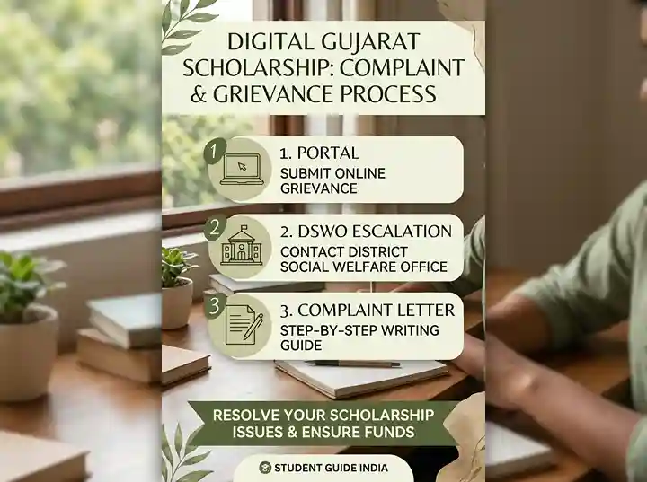 Digital Gujarat scholarship complaint and grievance filing process — portal, DSWO escalation, complaint letter