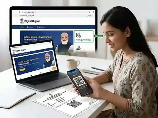 Digital Gujarat verification portal showing the QR code scanning process and the Certificate Verification quick link on the digitalgujarat.gov.in homepage