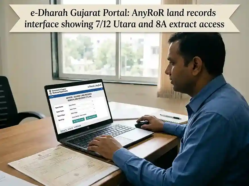 e-Dharah Gujarat Portal, AnyRoR land records interface showing 7/12 Utara and 8A extract access