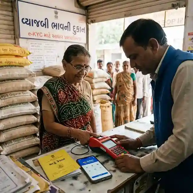 Ration card e-KYC Gujarat  |  Aadhaar biometric verification at Fair Price Shop using e-POS machine My Ration app