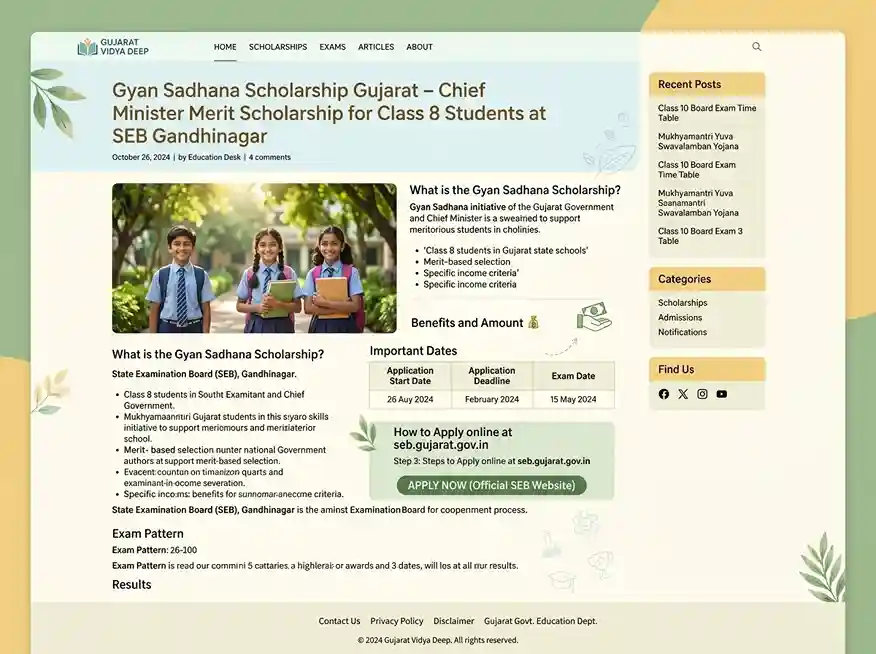 Gyan Sadhana Scholarship Gujarat – Chief Minister merit scholarship for Class 8 students at SEB Gandhinagar