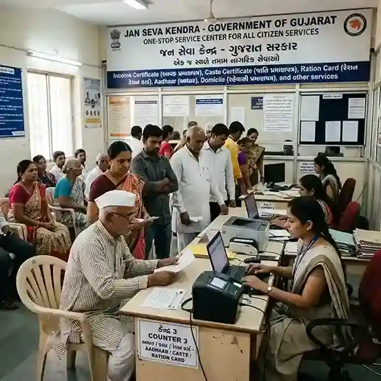 Jan Seva Kendra — government one-stop service centre for income certificate, caste certificate, ration card, Aadhaar and other citizen services in Gujarat and across India
