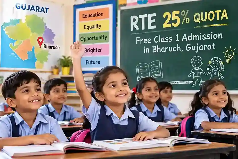 Children in a Bharuch classroom, Gujarat, representing free Class 1 admission under the RTE 25% quota