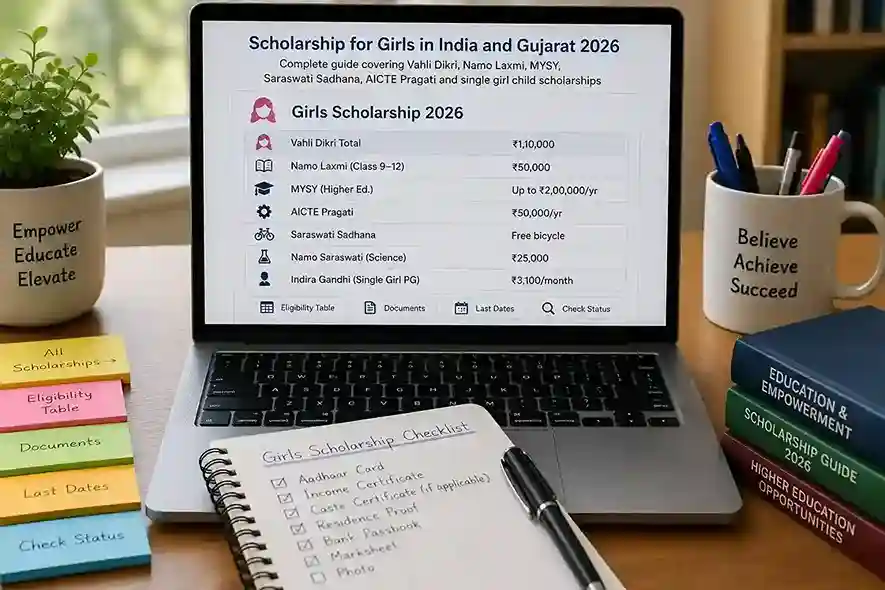 Scholarship for Girls in India and Gujarat 2026 – Complete guide covering Vahli Dikri, Namo Laxmi, MYSY, Saraswati Sadhana, AICTE Pragati and single girl child scholarships